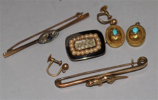 Two 15ct gold bar brooches, a pair of Victorian gold and turquoise ear clips and a Victorian mourning brooch.